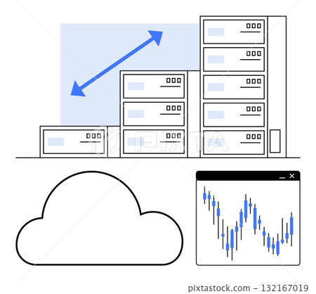 Server racks ascending in size with upward arrow, cloud icon below, and a line graph representing data analysis Ideal for tech growth, cloud storage, data analytics, business scaling, IT 132167019