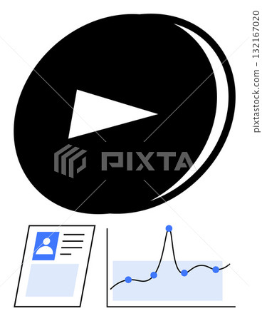 Black play button profile ID card and line graph. Ideal for media, analytics, storytelling, technology, data, communication, online services. Line metaphor Black play button profile ID card and line graph. Ideal for media, analytics, storytelling, technology, data, communication, online services. Line metaphor 132167020