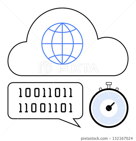 Cloud containing globe symbol binary code speech bubble, and stopwatch. Ideal for technology, cloud computing, data communication, global network, time management, binary language, software Cloud containing globe symbol binary code speech bubble, and stopwatch. Ideal for technology, cloud computing, data communication, global network, time management, binary language, software 132167024