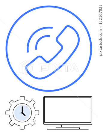 Telephone receiver icon with communication waves, gear with clock, and computer monitor. Ideal for tech, communication, business, customer support, time management digital tools remote work. Line 132167025