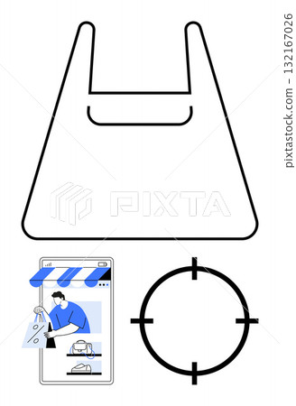 Shopping bag outline, smartphone displaying online store, person shopping, and target icon representing targeted marketing. Ideal for e-commerce, retail, digital marketing, advertising, consumer Shopping bag outline, smartphone displaying online store, person shopping, and target icon representing targeted marketing. Ideal for e-commerce, retail, digital marketing, advertising, consumer 132167026