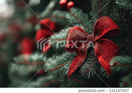 Evergreen spruce branches are decorated with red bows. Evergreen spruce branches are decorated with red bows. 132167047