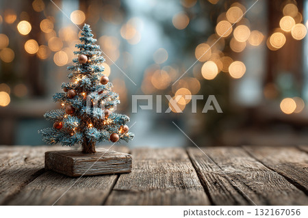 Merry Christmas. A banner with a decorative fir tree and gold garland on a rustic wooden table. 132167056