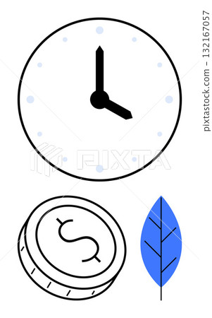 Clock with black hands showing time, coin with a dollar sign, and blue leaf representing nature. Ideal for time management, financial planning, eco-friendly initiatives, sustainability, environmental Clock with black hands showing time, coin with a dollar sign, and blue leaf representing nature. Ideal for time management, financial planning, eco-friendly initiatives, sustainability, environmental 132167057