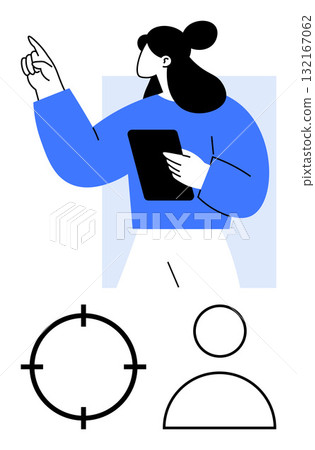 Woman holding tablet, pointing upward with a determined expression. Below are target and user icons. Ideal for business strategy, goal setting, user engagement, technology, presentations 132167062