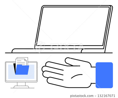 Laptop, hand, and computer monitor with document folder. Ideal for productivity, digital workflow, organization, technology, business communication efficiency. Line metaphor 132167071