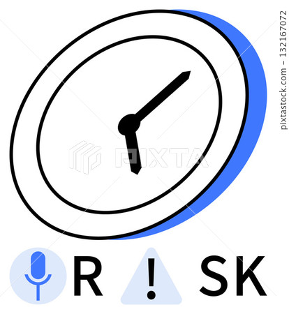 Clock showing time, exclamation mark in triangle, and microphone icons. Ideal for productivity, risk management, time management, awareness, guidance safety training schedules. Line metaphor 132167072