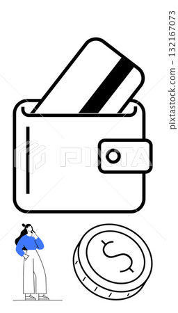 Wallet holding a credit card, woman thinking, large coin. Ideal for finance management, credit use, budgeting, financial planning, spending habits financial literacy e-commerce. Line metaphor Wallet holding a credit card, woman thinking, large coin. Ideal for finance management, credit use, budgeting, financial planning, spending habits financial literacy e-commerce. Line metaphor 132167073
