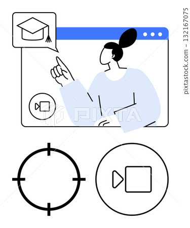Educator points to graduation cap icon on virtual learning platform with video call interface. Ideal for e-learning, online education, webinars, remote training, digital classrooms, virtual meetings Educator points to graduation cap icon on virtual learning platform with video call interface. Ideal for e-learning, online education, webinars, remote training, digital classrooms, virtual meetings 132167075