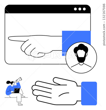 Hand gestures, browser window, profile avatar, person using laptop with telescope. Ideal for technology, communication, user interaction, personalization navigation digital tools guidance. Line Hand gestures, browser window, profile avatar, person using laptop with telescope. Ideal for technology, communication, user interaction, personalization navigation digital tools guidance. Line 132167086