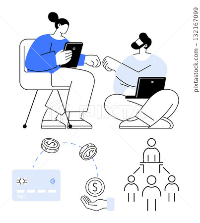 Two people discussing financial matters with electronic devices. Displays credit cards, monetary symbols, and organizational chart. Ideal for discussions, finance plans, e-commerce, business Two people discussing financial matters with electronic devices. Displays credit cards, monetary symbols, and organizational chart. Ideal for discussions, finance plans, e-commerce, business 132167099