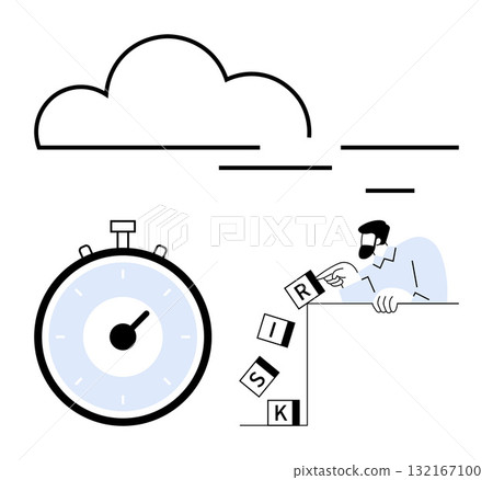 Stopwatch cloud and person handling blocks spelling RISK. Ideal for time management, risk assessment, decision making, business strategy, productivity, focus, planning. Line metaphor 132167100