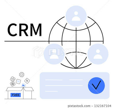 CRM text beside a global network with user profile icons connected to various segments. A free trial package box with software tools. Ideal for marketing, business, tech, sales, management CRM text beside a global network with user profile icons connected to various segments. A free trial package box with software tools. Ideal for marketing, business, tech, sales, management 132167104