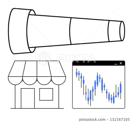 Telescope, storefront, and stock market graph illustrating business vision, market trends, and enterprise growth. Ideal for business strategy, economic analysis, financial planning, entrepreneurship Telescope, storefront, and stock market graph illustrating business vision, market trends, and enterprise growth. Ideal for business strategy, economic analysis, financial planning, entrepreneurship 132167105