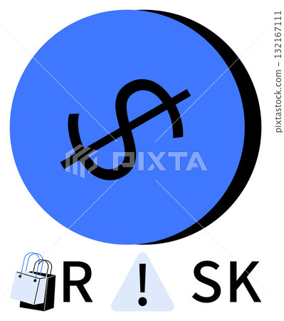 Blue circle with a black dollar sign, an exclamation mark in a triangle, and shopping bags arranged to spell RISK. Ideal for finance, business, investment, economy, caution, consumer behavior Blue circle with a black dollar sign, an exclamation mark in a triangle, and shopping bags arranged to spell RISK. Ideal for finance, business, investment, economy, caution, consumer behavior 132167111