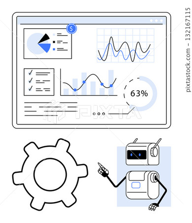 Screen with dynamic charts graphs financial data gear symbol and robot character. Ideal for data analysis, tech, automation, AI, business metrics, industry 4.0, financial tracking. Line metaphor Screen with dynamic charts graphs financial data gear symbol and robot character. Ideal for data analysis, tech, automation, AI, business metrics, industry 4.0, financial tracking. Line metaphor 132167115