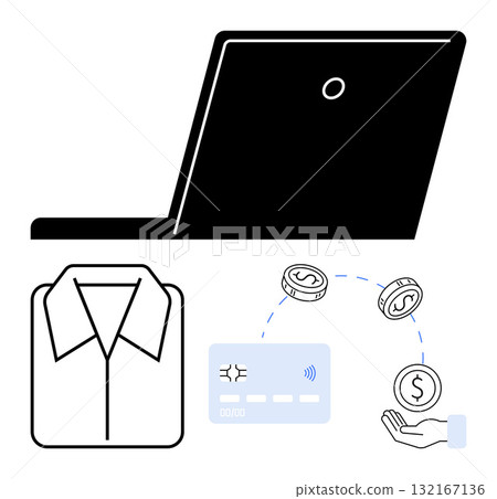 Laptop for online purchase, shirt icon representing product, credit card for payment, and hand receiving coins. Ideal for e-commerce, finance, retail, payment solutions, online shopping digital 132167136