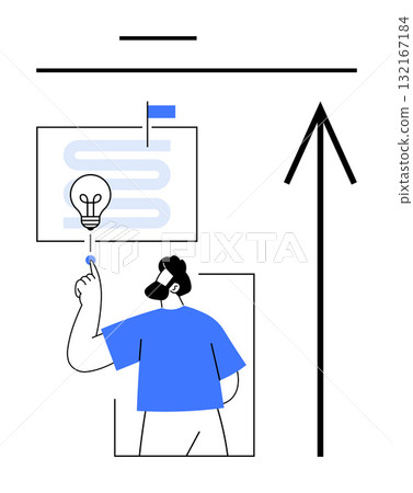 Male figure pointing at a lightbulb and pathway diagram with a flag. Large upward arrow indicating progress. Ideal for brainstorming sessions, creativity, innovation, goal setting, motivation 132167184