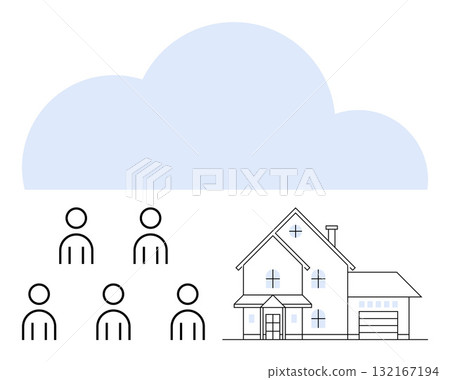 Cloud six minimalist user figures, and a two-story house with windows and a garage. Ideal for smart home, IoT, networking, technology, data storage, connectivity, home automation. Line metaphor 132167194