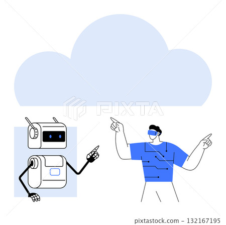 A robot and a human in a VR headset pointing towards each other under a large cloud symbol. Ideal for AI technology, virtual reality, cloud computing, futuristic interaction, teamwork, innovation A robot and a human in a VR headset pointing towards each other under a large cloud symbol. Ideal for AI technology, virtual reality, cloud computing, futuristic interaction, teamwork, innovation 132167195