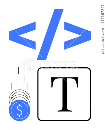 Code brackets, falling coins, and a text symbol in black and blue. Ideal for software development, financial technology, text editing, online business, e-commerce, programming tutorials digital Code brackets, falling coins, and a text symbol in black and blue. Ideal for software development, financial technology, text editing, online business, e-commerce, programming tutorials digital 132167201
