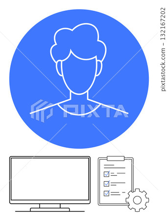 Stylized human profile inside blue circle with computer monitor, checklist, and gear below. Ideal for user profiles, account settings, productivity apps, project management, business strategy, online Stylized human profile inside blue circle with computer monitor, checklist, and gear below. Ideal for user profiles, account settings, productivity apps, project management, business strategy, online 132167202