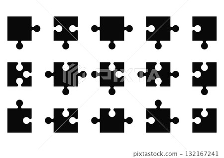 Collection of Black Puzzle Pieces Silhouette. Set of solid black jigsaw puzzle pieces. Vector flat icons for teamwork logo, business strategy concept, autism awareness symbol, and game design element Collection of Black Puzzle Pieces Silhouette. Set of solid black jigsaw puzzle pieces. Vector flat icons for teamwork logo, business strategy concept, autism awareness symbol, and game design element 132167241