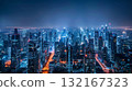 Panoramic view of the shining blue night view of a futuristic city and skyscrapers 132167323