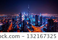 Panorama of a futuristic cityscape at night, with orange and blue lights intersecting 132167325