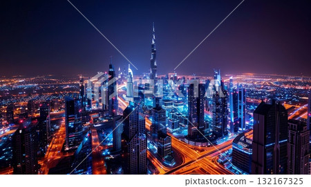 夜晚的未來城市景觀全景，橙色和藍色燈光交織在一起 132167325