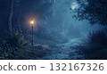 A quiet forest path illuminated by moonlight and lamplight 132167326
