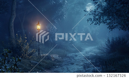 A quiet forest path illuminated by moonlight and lamplight 132167326