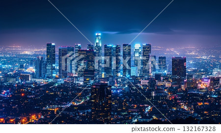 Night view of a big city and skyscrapers bathed in blue and purple light 132167328