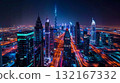 Panoramic view of a futuristic cityscape at night and shining skyscrapers 132167332