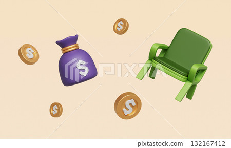 Retirement Saving Money Bag and Coins on Green Chair. 3D Rendering. Retirement Saving Money Bag and Coins on Green Chair. 3D Rendering. 132167412