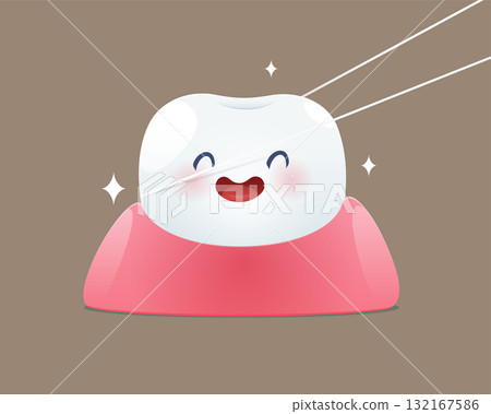 Cartoon tooth happiness with dental floss and clean shiny smile Cartoon tooth happiness with dental floss and clean shiny smile 132167586