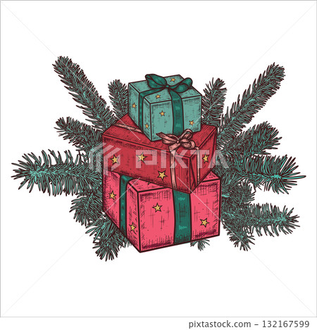 Hand drawn red and turquoise gift boxes,spruce branches. Christmas composition. Vector illustration Hand drawn red and turquoise gift boxes,spruce branches. Christmas composition. Vector illustration 132167599
