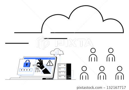Laptop with cybersecurity alerts cloud servers, and group of people. Ideal for cloud security, data protection, cyber threats, online safety, network security, IT management, user awareness. Line Laptop with cybersecurity alerts cloud servers, and group of people. Ideal for cloud security, data protection, cyber threats, online safety, network security, IT management, user awareness. Line 132167717