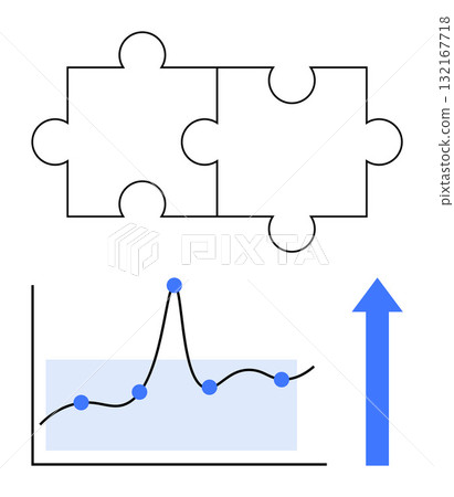 Puzzle pieces connection upward graph trend, blue arrow symbolizing growth. Ideal for teamwork, problem-solving, data analysis, progress, strategy development, business innovation. Line metaphor 132167718