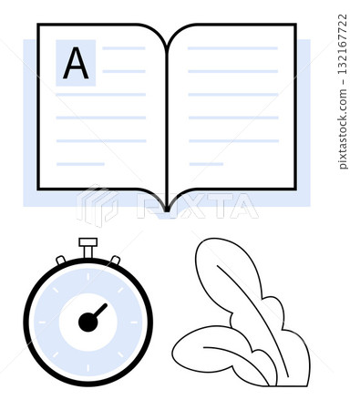 Open book with pages stopwatch and leaves. Ideal for education, learning, time management, nature, study planning, productivity, and growth themes. Line metaphor Open book with pages stopwatch and leaves. Ideal for education, learning, time management, nature, study planning, productivity, and growth themes. Line metaphor 132167722
