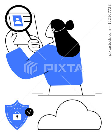 Woman in blue holding a document under a magnifying glass. Shield with lock, cloud symbol below her. Ideal for identity verification, cybersecurity, data analysis, online privacy, cloud services 132167728