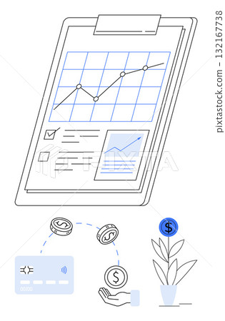 Clipboard with growth chart and report. Hand holding coins, credit card initiating transaction, and investment plant with dollar sign. Ideal for finance, business growth, investment strategies Clipboard with growth chart and report. Hand holding coins, credit card initiating transaction, and investment plant with dollar sign. Ideal for finance, business growth, investment strategies 132167738