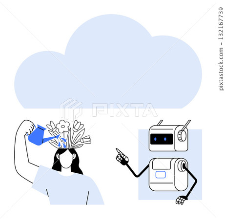 Robot, humanoid watering flowers blooming from anothers head. Ideal for technology, nature, growth, collaboration, artificial intelligence, eco-friendliness, teamwork. Symbolizing unity of technology Robot, humanoid watering flowers blooming from anothers head. Ideal for technology, nature, growth, collaboration, artificial intelligence, eco-friendliness, teamwork. Symbolizing unity of technology 132167739