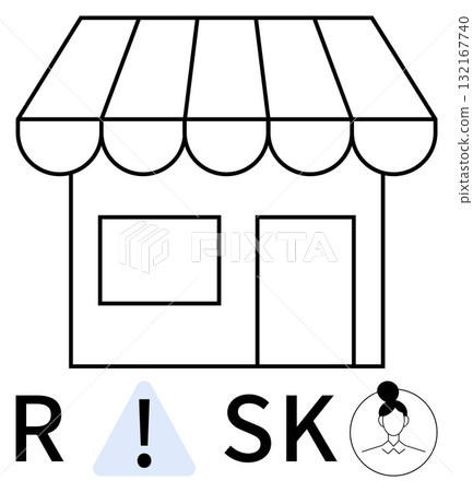 Storefront with awning, door, and window underlined by RISK text with exclamation mark triangle and person icon. Ideal for business, risk management, small business, entrepreneurship, safety Storefront with awning, door, and window underlined by RISK text with exclamation mark triangle and person icon. Ideal for business, risk management, small business, entrepreneurship, safety 132167740