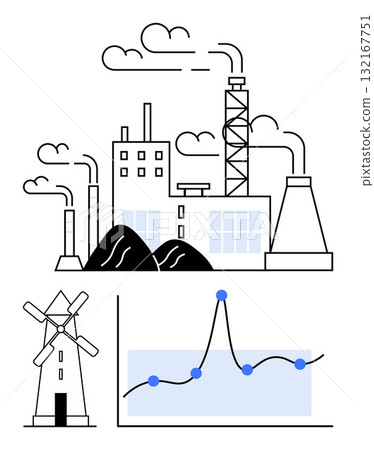 Factory skyline windmill graph with blue data points. Ideal for industry, energy, tech, progress, sustainability, analytics, evolution. Line metaphor 132167751