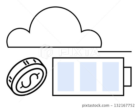 Cloud above dollar coin and battery icon suggesting cloud technology in finance and energy. Ideal for finance, technology, energy management, savings, cloud computing, investments, sustainability 132167752