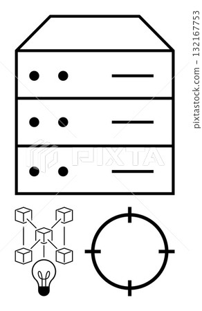 Server rack with three tiers, network of connected cubes, lightbulb symbolizing ideas, and a targeting reticle. Ideal for technology, computing, innovation, strategy, data networks IT Server rack with three tiers, network of connected cubes, lightbulb symbolizing ideas, and a targeting reticle. Ideal for technology, computing, innovation, strategy, data networks IT 132167753