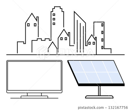Urban skyline above a solar panel and computer monitor, signifying modern technology, renewable energy, and urban development. Ideal for sustainability, technology integration, smart cities Urban skyline above a solar panel and computer monitor, signifying modern technology, renewable energy, and urban development. Ideal for sustainability, technology integration, smart cities 132167756