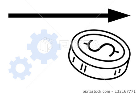 Coin with dollar sign, gears, and bold arrow pointing right emphasize financial growth through streamlined processes. Ideal for business strategy, financial planning, corporate productivity, project 132167771