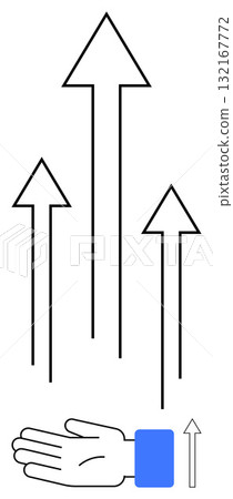 Hand with blue cuff gesturing upwards. Three large black arrows point upwards indicating growth, progress, and success small grey arrow in corner. Ideal for business, motivation, aspiration 132167772